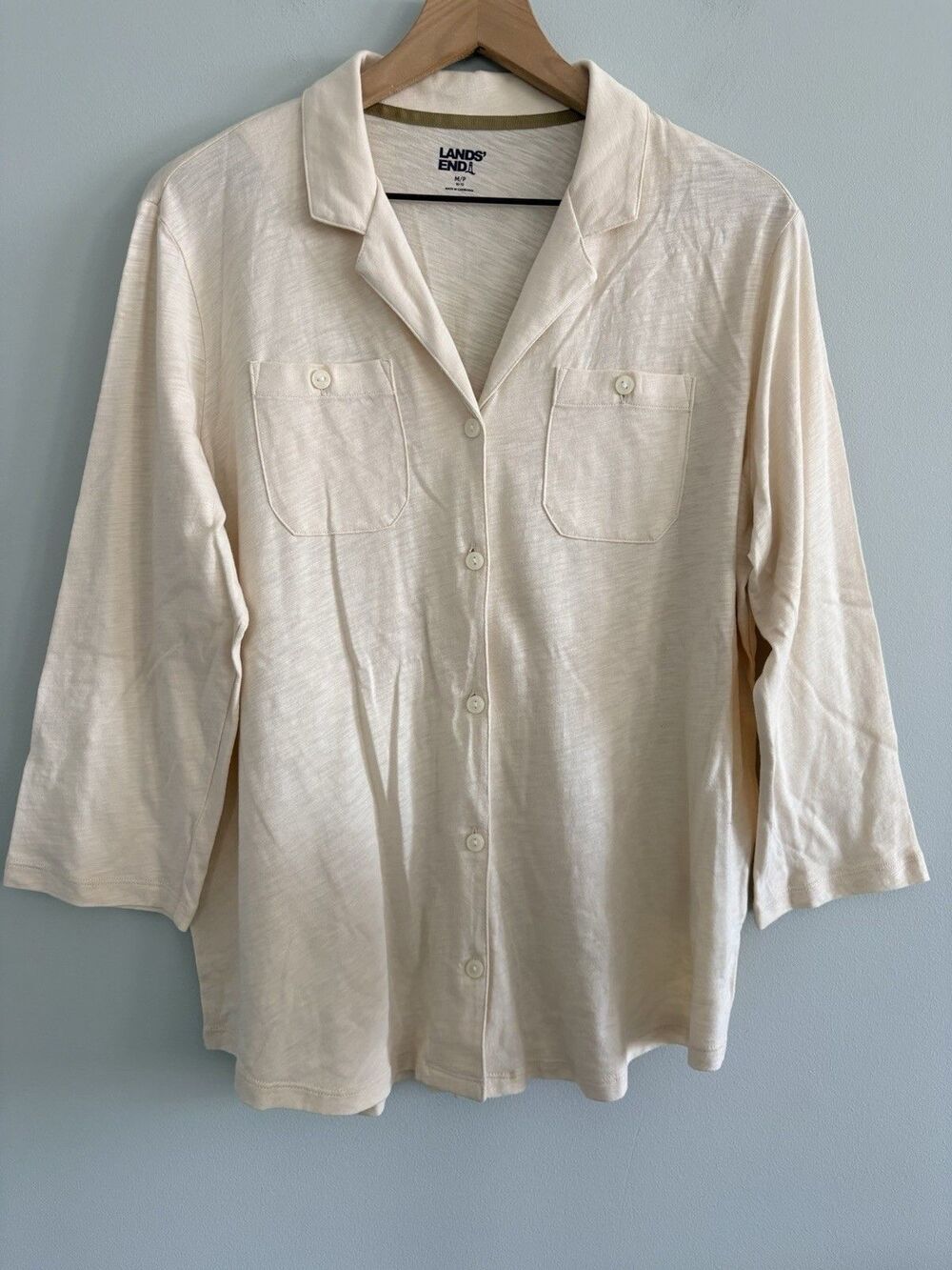 Lands' End Top Cream Women's Medium Petite 3/4 Sleeve Collared Casual Button Fro